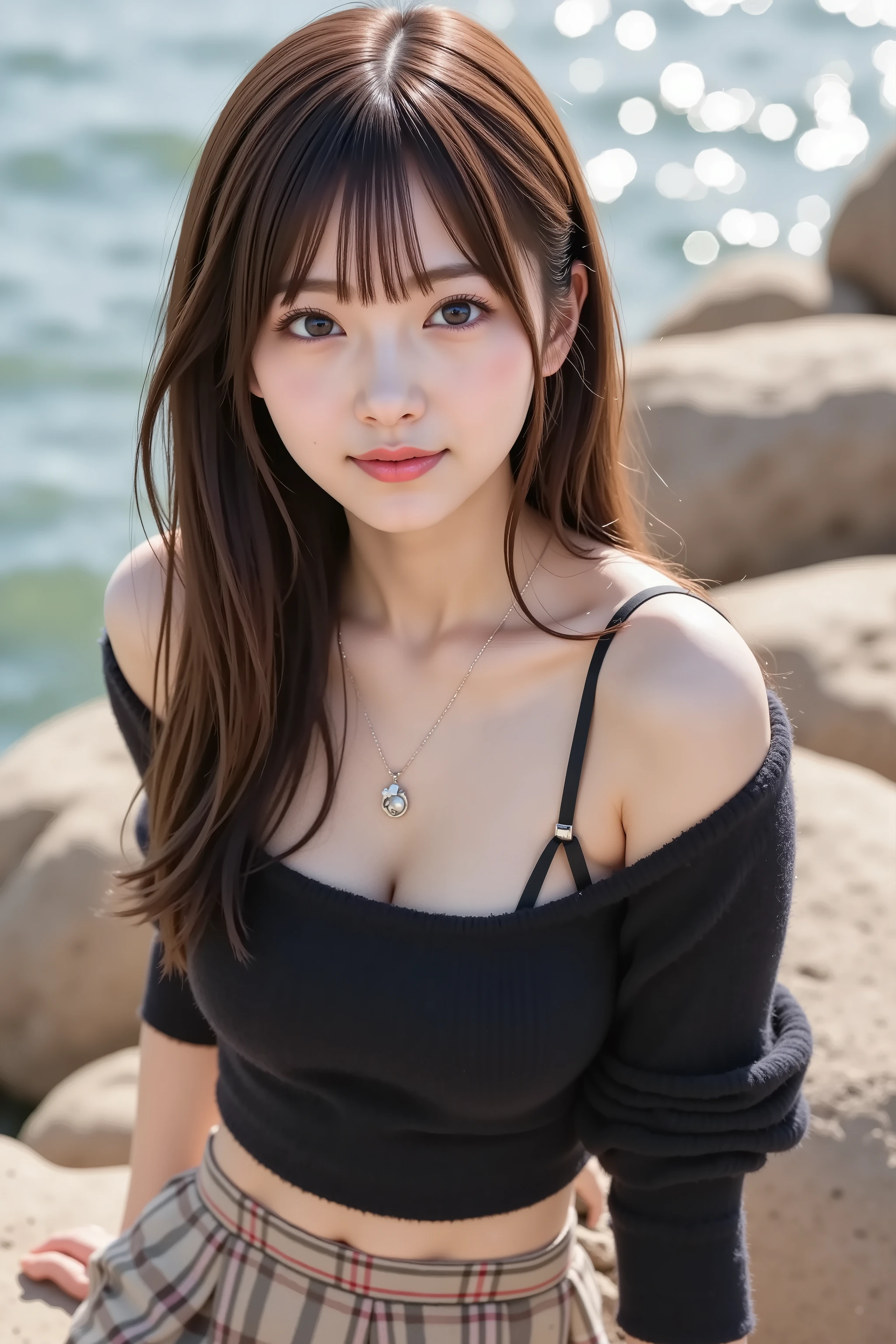 chihiro, firm breast, by adjusting the framing so the subject's full head is visible within the composition, with the crop showing only from just above the bust to slightly above the top of the head. a highly detailed and realistic digital illustration of a young woman sitting near the edge of a waterfront area with sunlight reflecting off the water surface, by adjusting the framing so the subject’s full head is visible within the composition, with the crop showing only from just below the shoulders to slightly above the top of the head. Ensure there is a comfortable amount of background space above the head to establish spatial context. The focus is on her upper body clothing and outdoor environment.
She is wearing a black off-shoulder knit sweater that drapes loosely, revealing one shoulder and a visible black camisole strap beneath. The texture of the sweater is soft and fuzzy, with thick ribbed sleeves that bunch slightly near the wrists. The off-shoulder design and dark tone contrast with her light complexion and golden sunlight.
She also wears a pendant necklace with a delicate chain and two small circular charms that rest against the top of the sweater. Below the sweater, the waistband and upper pleats of a high-waisted plaid skirt in beige tones are visible, featuring a check pattern with red and black lines. The fabric gathers naturally as she sits, adding light shadow and volume to the composition.
The background consists of large beige rocks arranged along the waterfront. Behind her, sparkling sunlight dances across the water’s surface, creating a bokeh effect with high reflectivity. The water has a soft blue-green tint, rippling gently under the sunlight. The brightness of the background contrasts with the darker tones of her outfit, bringing focus to her face and posture while still capturing the serene outdoor ambiance.