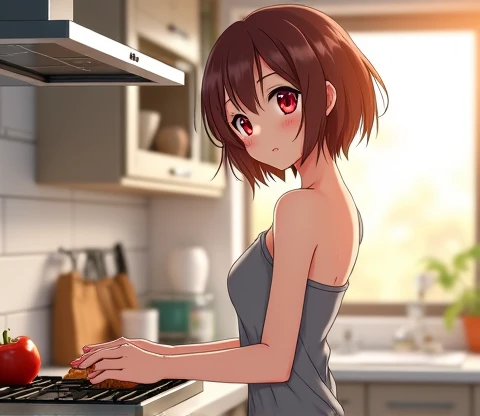 Brown haired anime girl in short shorts and tank top showing her chest a bit preparing breakfast