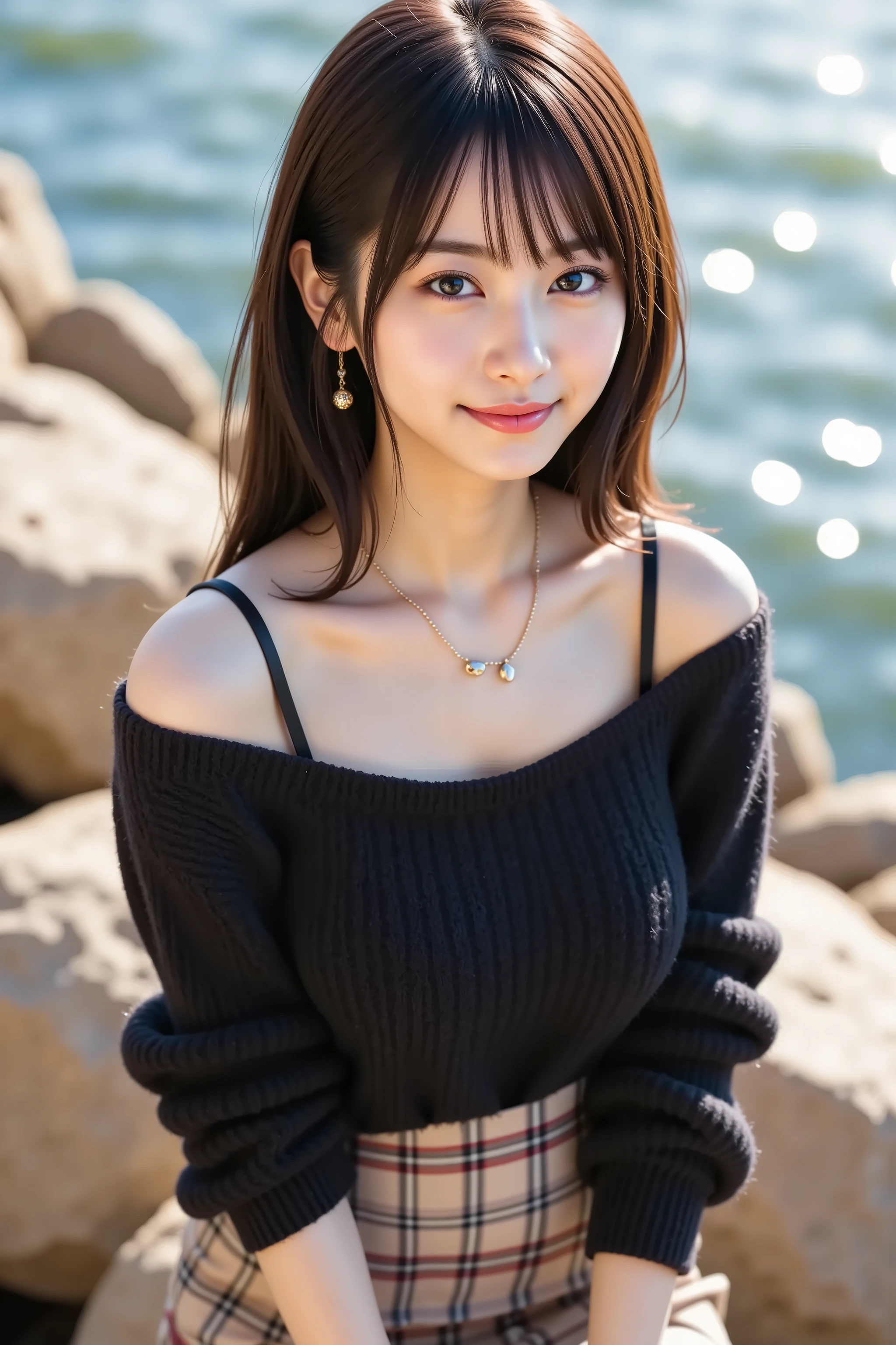 misaki, huge breast, by adjusting the framing so the subject's full head is visible within the composition, with the crop showing only from just above the bust to slightly above the top of the head. a highly detailed and realistic digital illustration of a young woman sitting near the edge of a waterfront area with sunlight reflecting off the water surface, by adjusting the framing so the subject’s full head is visible within the composition, with the crop showing only from just below the shoulders to slightly above the top of the head. Ensure there is a comfortable amount of background space above the head to establish spatial context. The focus is on her upper body clothing and outdoor environment.
She is wearing a black off-shoulder knit sweater that drapes loosely, revealing one shoulder and a visible black camisole strap beneath. The texture of the sweater is soft and fuzzy, with thick ribbed sleeves that bunch slightly near the wrists. The off-shoulder design and dark tone contrast with her light complexion and golden sunlight.
She also wears a pendant necklace with a delicate chain and two small circular charms that rest against the top of the sweater. Below the sweater, the waistband and upper pleats of a high-waisted plaid skirt in beige tones are visible, featuring a check pattern with red and black lines. The fabric gathers naturally as she sits, adding light shadow and volume to the composition.
The background consists of large beige rocks arranged along the waterfront. Behind her, sparkling sunlight dances across the water’s surface, creating a bokeh effect with high reflectivity. The water has a soft blue-green tint, rippling gently under the sunlight. The brightness of the background contrasts with the darker tones of her outfit, bringing focus to her face and posture while still capturing the serene outdoor ambiance.