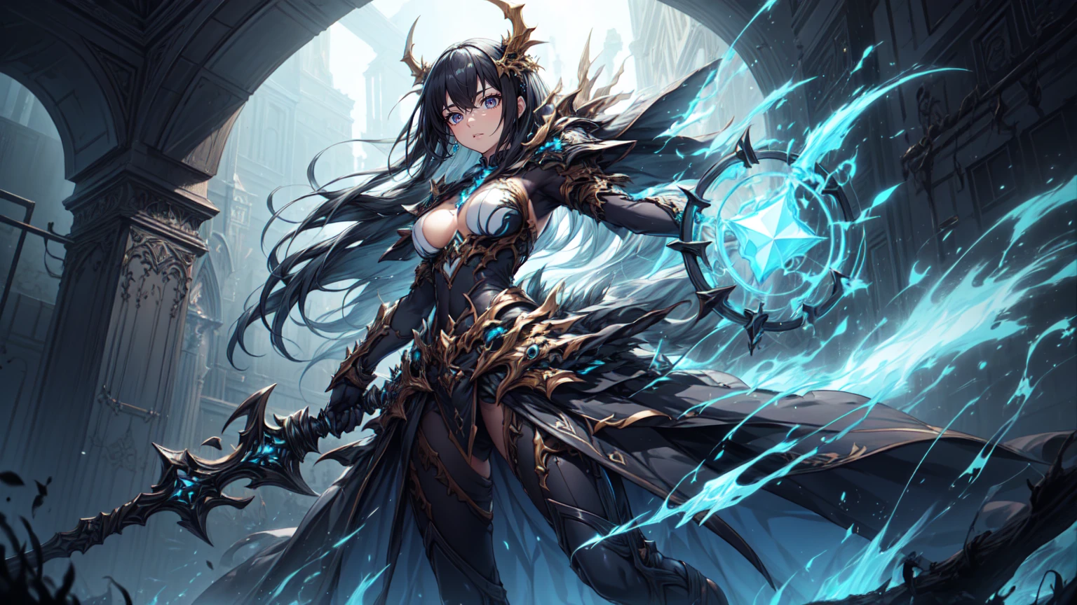 In a dark and mysterious forest scene, a powerful witch stands tall. She is depicted with an enchanting and captivating aura, with her mesmerizing big, breasted presence giving her an air of confidence. Her spell casting pose emits a sense of magic and mystery, as she conjures spells with her outstretched hand. The witch's attire is a futuristic power armor, combining elements of strength and elegance. She is adorned with intricate details, showcasing the fine craftsmanship of the armor. The lighting in this scene is dim, casting eerie shadows and enhancing the otherworldly atmosphere. The colors are deep and rich, creating a moody and enchanting ambiance. The prompt ensures the best quality, emphasizing ultra-detailed and realistic effects. The artwork will be in high resolution, allowing every detail to be highlighted. The style is a fusion of fantasy and science fiction, giving the witch a unique and captivating presence. The prompt captures the essence of this scene without explanation, allowing Stable Diffusion to unleash its creativity and generate a masterpiece.