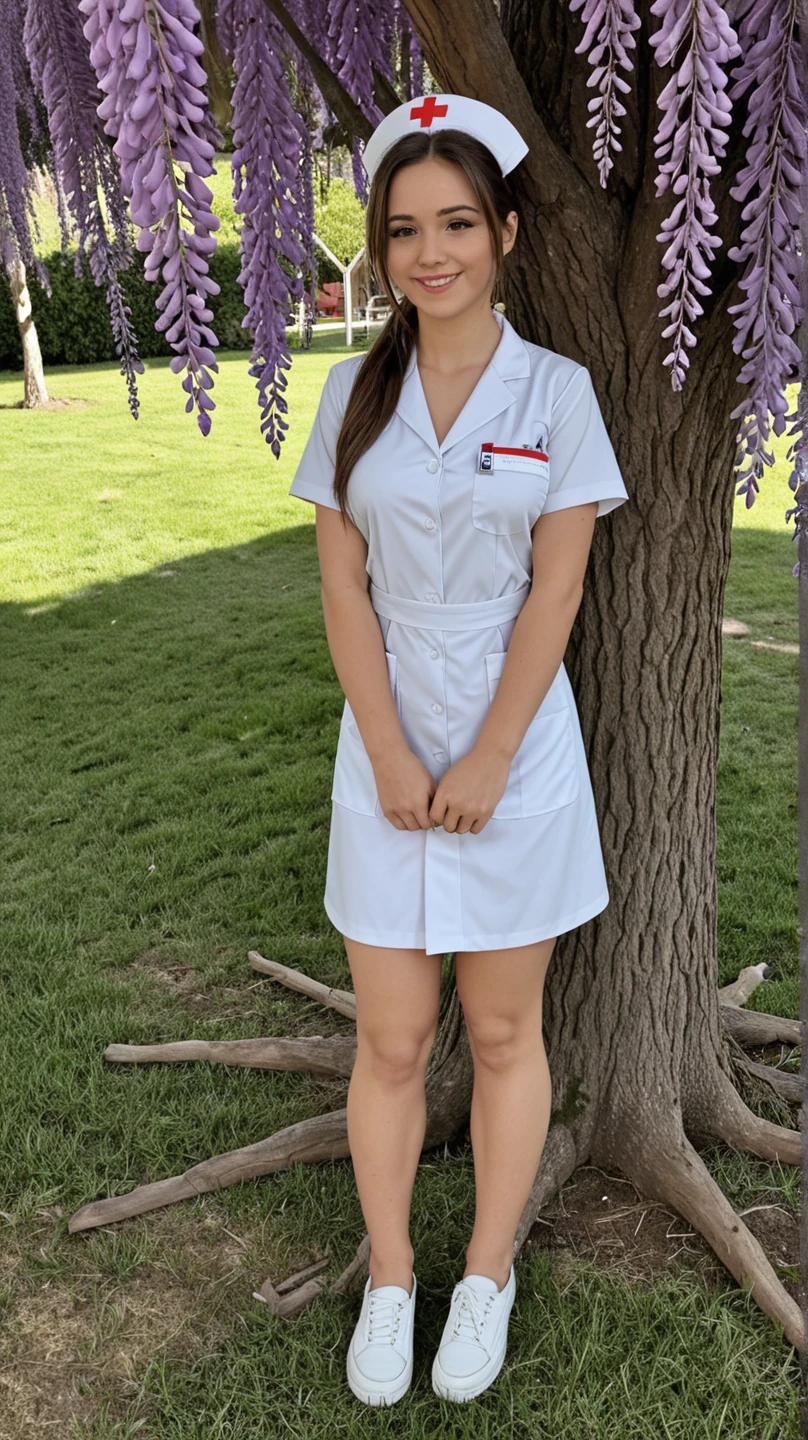 a 20 year old woman in a sexy revealing nurse uniform open at the top, posing leaning on a fence, sunny park background, side boob, healthcare worker, inspired by Elsie Few, thic, dark brown long hair, , large breasts, smiling, full body view from head to feet