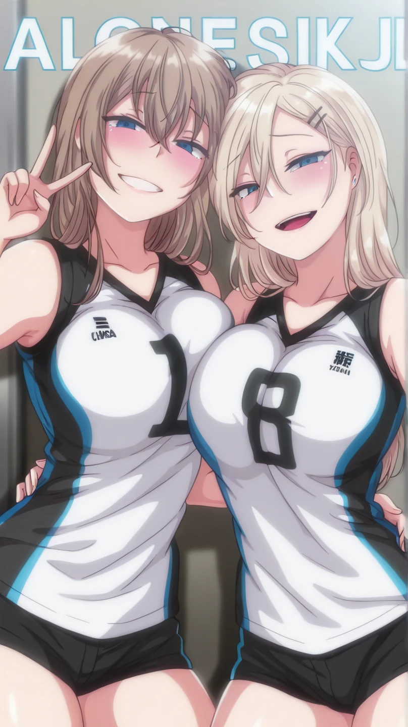lesbian (with a very tight school suit), big breasts, big thighs,that he has a very sexy physique,que se bese con su novia que tenga big breasts, big thighs,very sexy body (naked)that they are kissing in the gym,lesbian love