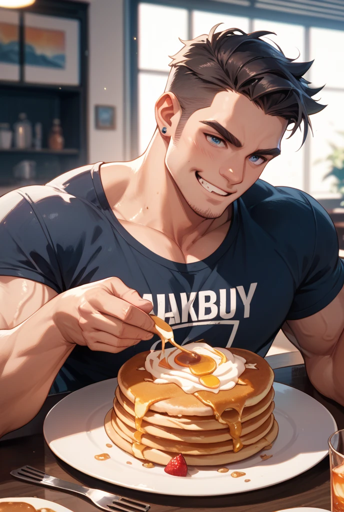 best quality, masterpiece, handsome polynesian man, tan skin, wavy dark hair, round eyes, pushes his penis through a birthday cake, messy icing and frosting on face and body, sexy, gay, homoerotic, perfection, no watermark, no logo, no signature