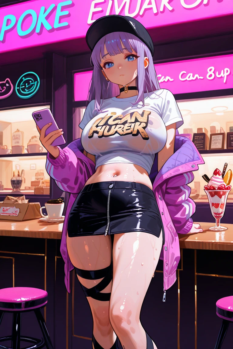 (super detailed, realistic, 8k) one person, Super Sonico at a boba tea shop, drinking a boba tea, wearing white flat bill cap, white cropped hoodie, black latex leggings , 19 years old, large breasts, triple D cup breasts, round buttocks, bubbly buttocks, wide hips, bubbly ass , blue eyes, pink hair, blue highlights, under boob