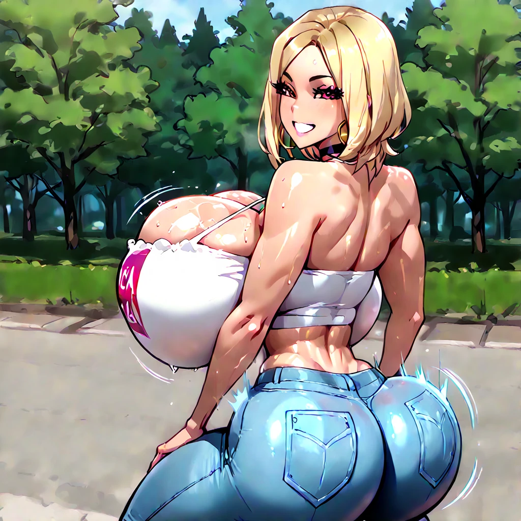 Dragon Ball, Android 18, 1girl, ((bimbo))), short blond hair, blue eyes, puffy lips, painted lips, thick lips, wide hips, thick thighs, enormous round fake breast, huge round Bella bellz ass, shiny skin, blue jeans, camel toe, ass in focus, zoom in on ass, on all fours