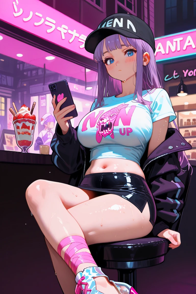 Tall girl with pink hair with cat ears wears a short black sweater and a short black skirt and black stockings on her legs with big breasts and wide hips and wears glasses and has a pink cat tail and a cute expression