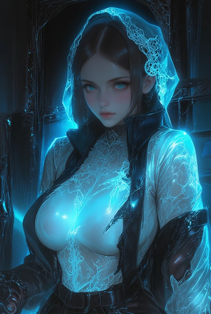 (very detailed wallpaper), (best quality), (masterpiece), photographic reality, realistic, very detailed illustrations, beautiful eyes, (delicate face), perfect detail, (best lighting), (super complex details), ultra-detailed, 4K unified, (super detailed CG: 1.2), (8K: 1.2), realistic, asian woman, black long hair, blue eyes, pale skin, red lips, big breasts, smiling, blue cyperpunk dress, neon blue light, at night, coverlooking large city, 1970s sci-fi art cover