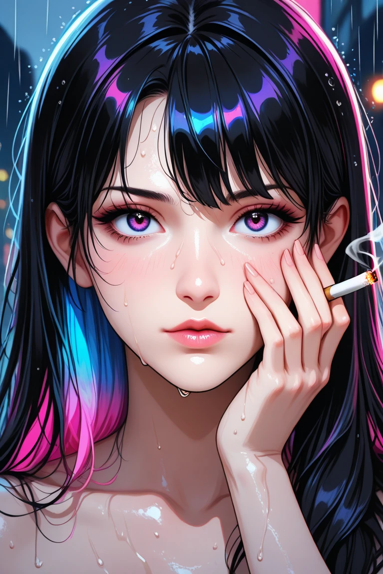 girl, anime, looking at viewer with a cigarette in her mouth, highly detailed, reflections transparent iridescent opaque jacket, long transparent iridescent reflective hair, ((ultra realistic perfect face)), (pastel colors)