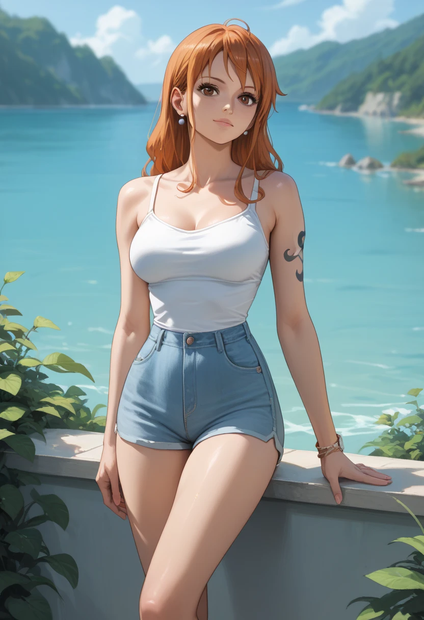 (masterpiece), (realistic), (ultra detailed), ( high reest quality), (photorealistic), (perfect face), (perfect anatomy), woman, female, solo, Swede, Swede , nami from one piece, nami, long haircut, orange hair, long haircut with side bangs, wearing a white shirt, wearing blue shorts, the character's mouth is open in shock