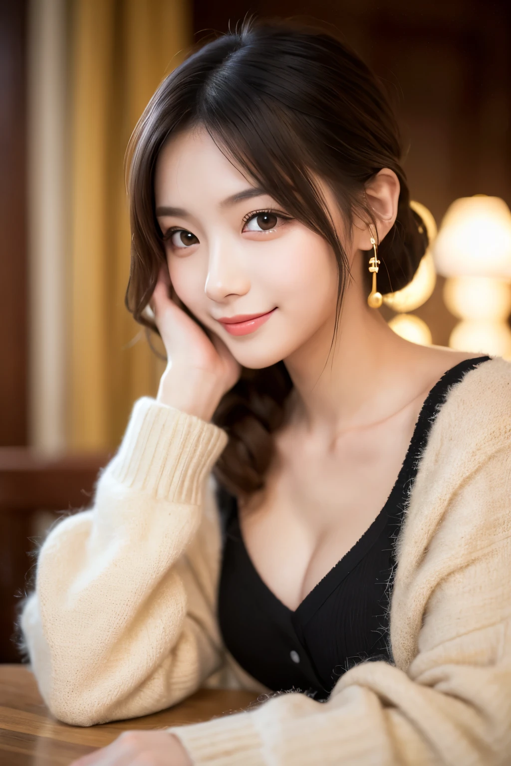 masutepiece, Best Quality, Illustration, Ultra-detailed, finely detail, hight resolution, 8K Wallpaper, Perfect dynamic composition, Beautiful detailed eyes, Wearing a pale pink sweater, Ponytail hair,Brown hair color ,Small breasts, Natural Color Lip, Random and sexy poses,Random situations,Slender body,Slender face,A big smile、Chest、traditional Japanese room