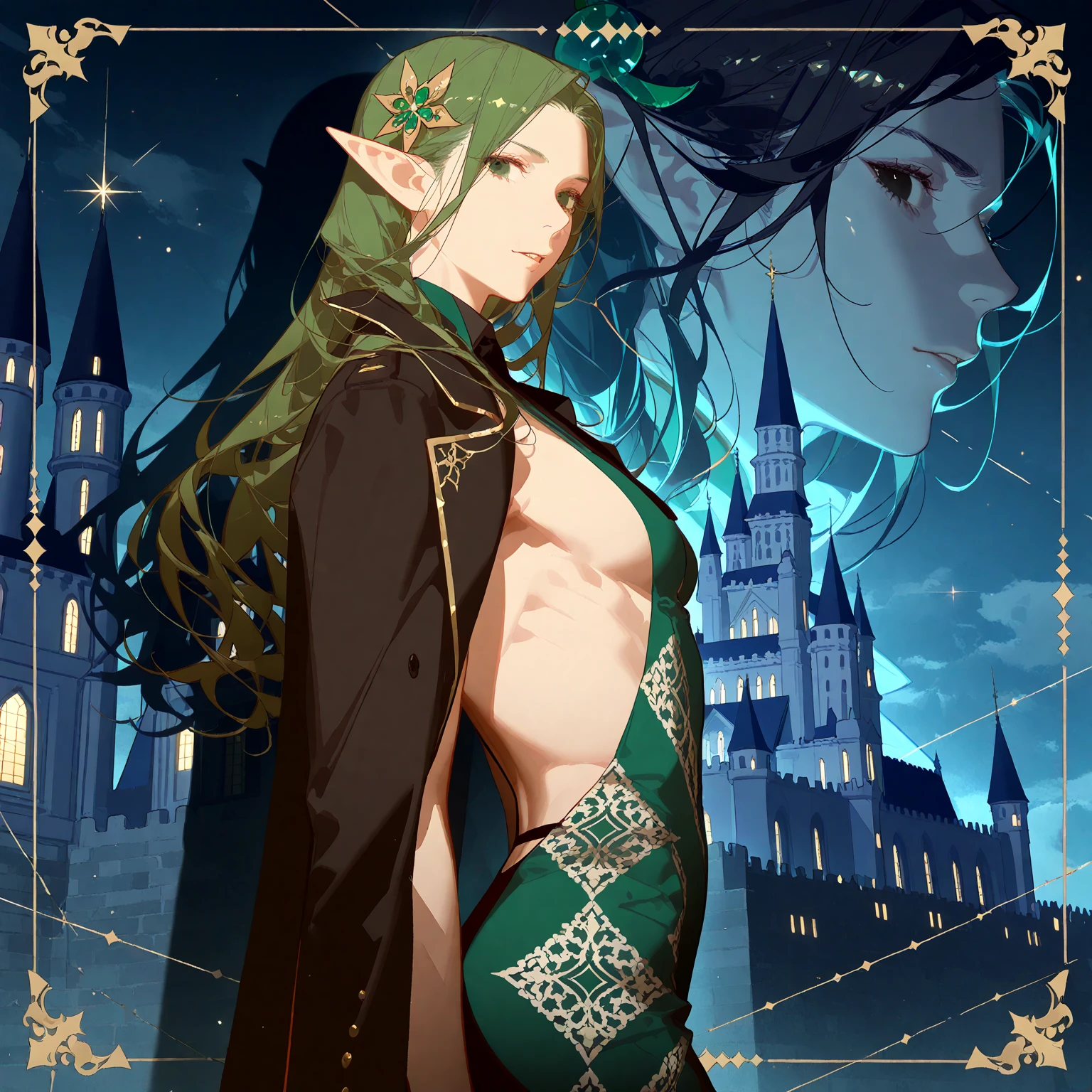 (masterpiece), best quality, expressive eyes, perfect face, girl, 20 years old, elf, green hair, green eyes, she is a member of magical circus, full body, standing pose, sexy, big breast, nasty pose, 175cm, her skill is aerial jump, character sheet, wear circus outfit