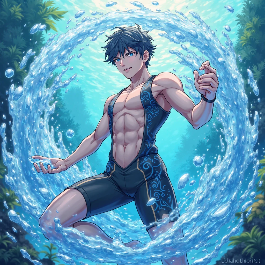 Draw a 9 year old boy who looks younger for his age.., with orange eyes and white skin, naked in a park while raped by blue slime tentacles. can you see the boy.'his satisfied face
