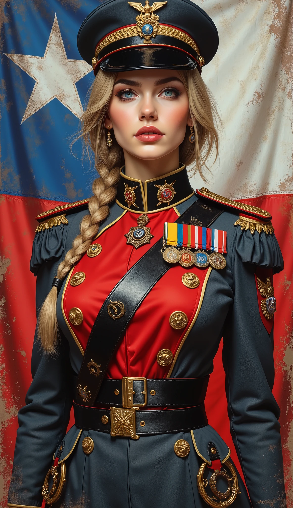 Detailed multi-colored proportions and textures with airbrushed brushstrokes presenting a semi-realistic illustration A beautiful and strong young woman wearing an epic fantasy gothic armor style military uniform where grayish black tones predominate, mixed with vivid colors (full body, with a confident and bold posture, playful gaze, bright blue eyes, defined eyebrows, long eyelashes, perfect face, full lips, huge round breasts, flat stomach, wide hips, slim waist, thick thighs), Her long straight blonde hair is tied in a (long) braid falling down her back. Her uniform consists of a red, gray and white shirt beautifully decorated with military orders, decorations and medals, a tight high-waisted knee-length pencil skirt and an officer's beret decorated with a military police badge. In the background, a cloth army banner with bold red letters reading "EMPIRE OF CHILE" An image in the style of the national flag of an empire, with a five-pointed star on a tri-colored background of red, blue, and white. The composition, halfway between vintage and Gothic-Romance, of the overall image is a clean, crisp, and high-quality masterpiece. very balanced saturation across very defined color palettes (Color with intense monochromatic shaded tones and brightness, red hue 25% + yellow 25% + blue 25% + biofluorescent 12.5% + transparencies 12.5%. Aesthetic fusion by (Fibonacci ratio. A realistic doll of a young military woman. of a young military woman (Includes a variety of pink skin and dark beige tones that give it contrast and brightness) type of character. Fluid texture that gives the sensation of movement to the leafy style that molds to the figure (her clothing with relief and folds gives volume and depth to the character). Haute couture photoshoot (high quality full body). Highly detailed and sharp soft focus, approaching perfection, Full HD 8K. High and low angles. by Coco Chanel, Gianni Versace, Alberto Vargas, Greg Rutkowsk fusion of artistic styles.