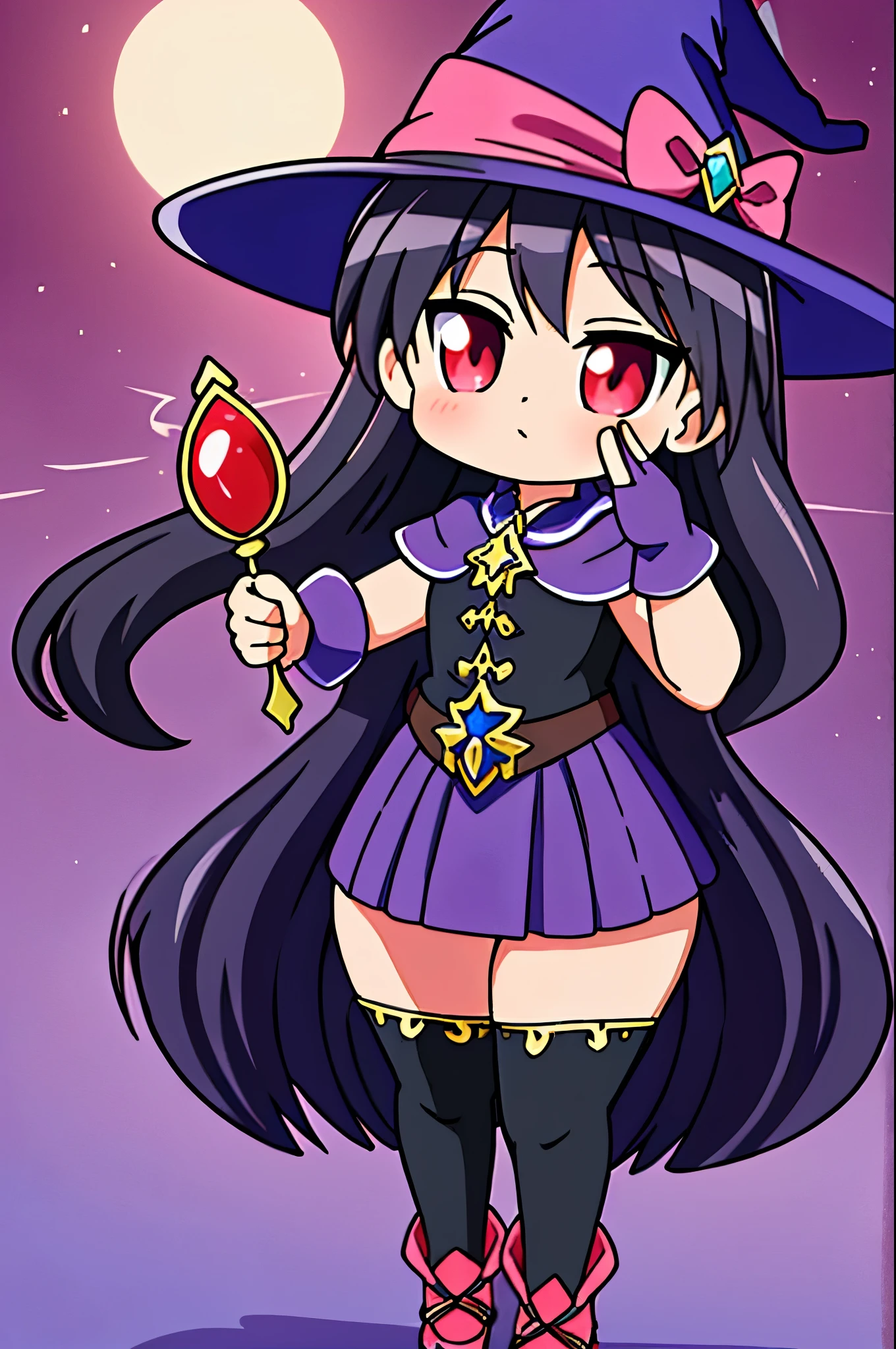 (obra-prima, Better Quality), intricate details,
1 , long hair, Black and smooth, vestir, purple dress, tem, witch tem, pink details on vestir, wizard gloves, Wizard Shoes, night field, shrugging , presumptuous, thick thighs, Sensual, red eyes, black hair, black hair straight, red eyes