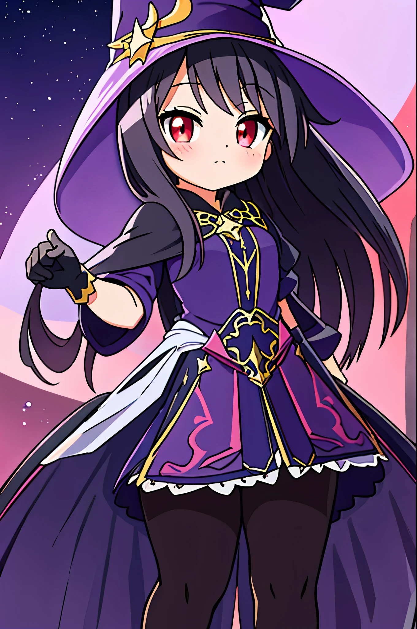 (obra-prima, Better Quality), intricate details,
1 , long hair, Black and smooth, vestir, purple dress, tem, witch tem, pink details on vestir, wizard gloves, Wizard Shoes, night field, shrugging , presumptuous, thick thighs, Sensual, red eyes, black hair, black hair straight, red eyes