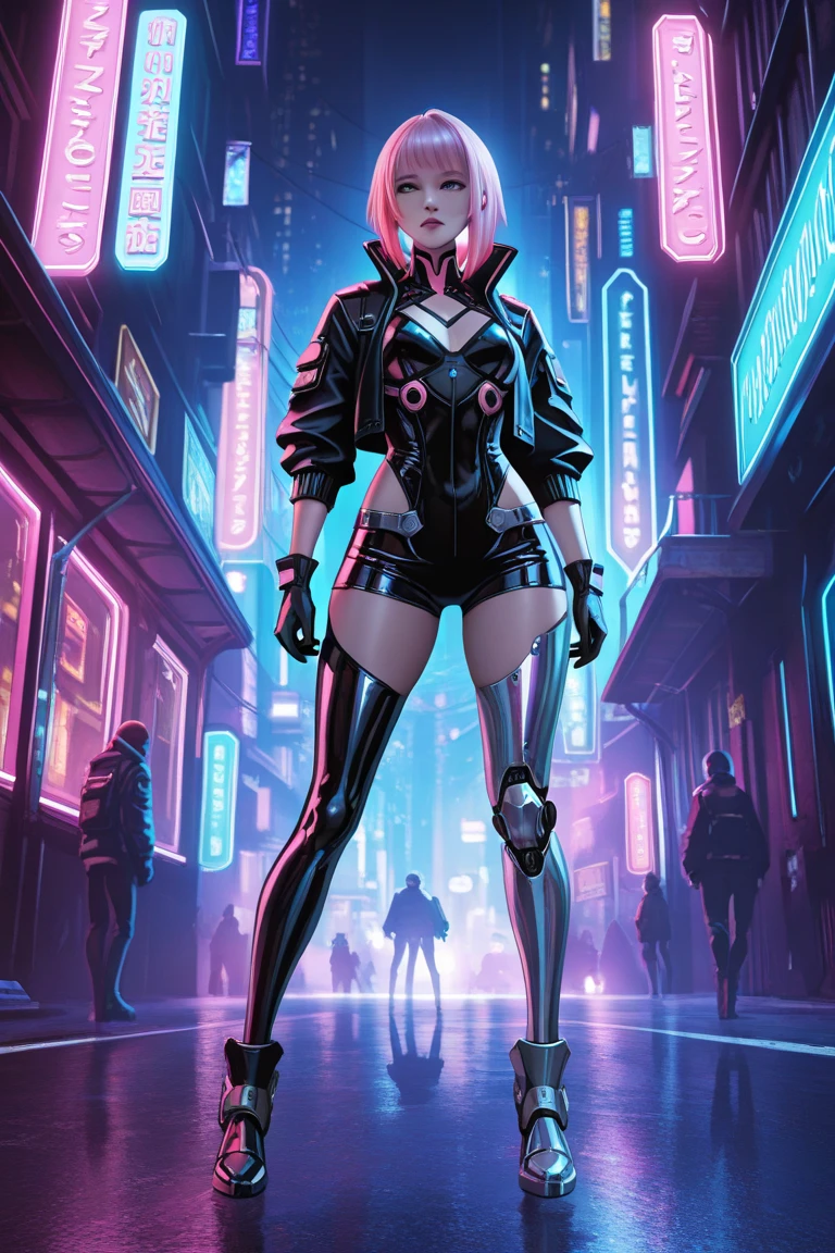 Short pink hair, futuristic metallic outfit, cyberpunk style, black leather gloves with mechanical elements, standing confidently in an urban street setting, neon-lit signs in the background, sleek silver prosthetic leg, vibrant night ambiance, dramatic lighting with shadows cast by the surrounding lights, cool and dynamic atmosphere, deep focus on the subject, centered composition.