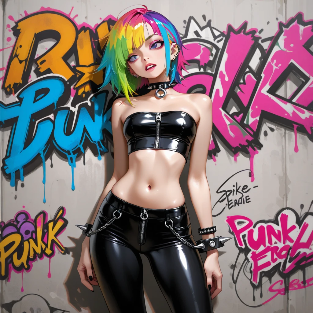 masterpiece, best quality, adult girl, solo, choker, (graffiti:1.5), paint splatter, arms behind back, against wall, looking at viewer, armband, thigh strap, paint on body, head tilt, bored, multicolored hair, aqua eyes, headset, completely naked, nsfw