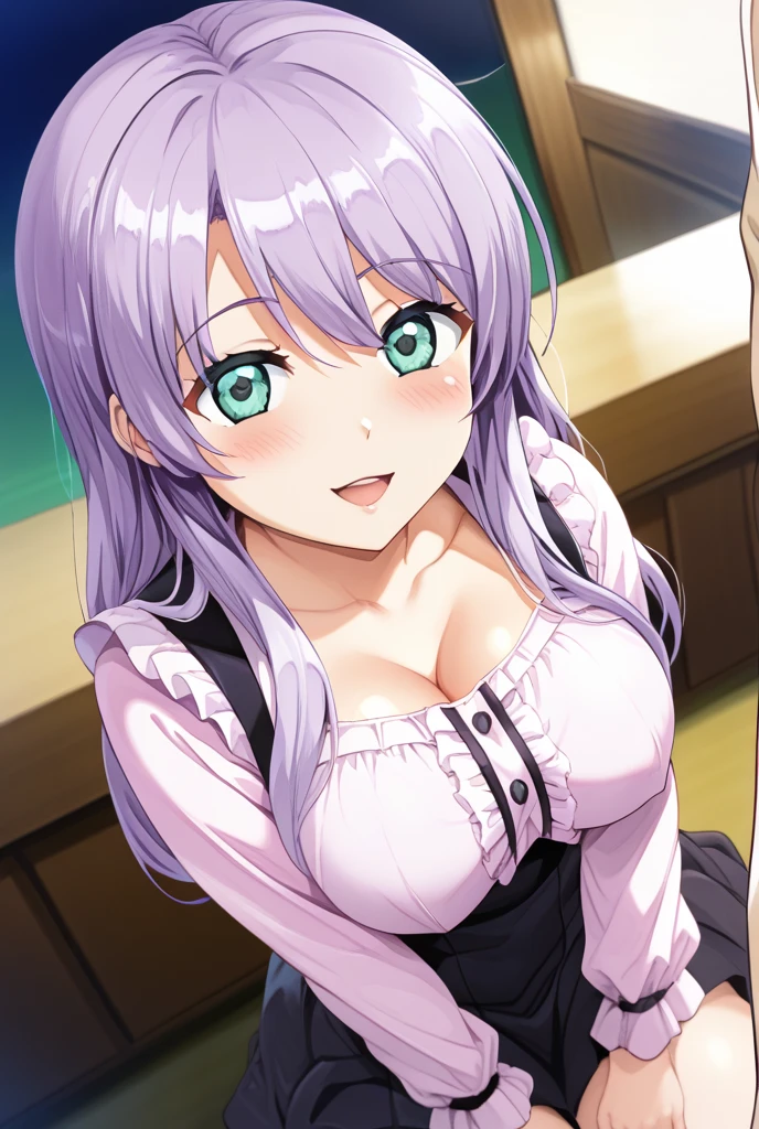 Nozomi Tojo Purple Hair Green Eyes Long Hair Pigtails Purple nightgown White garter belt smile Huge breasts night Love Hotel Seduce Lying in bed night景 Dark Room Lie down on the bed Room lighting Holding a wine glass