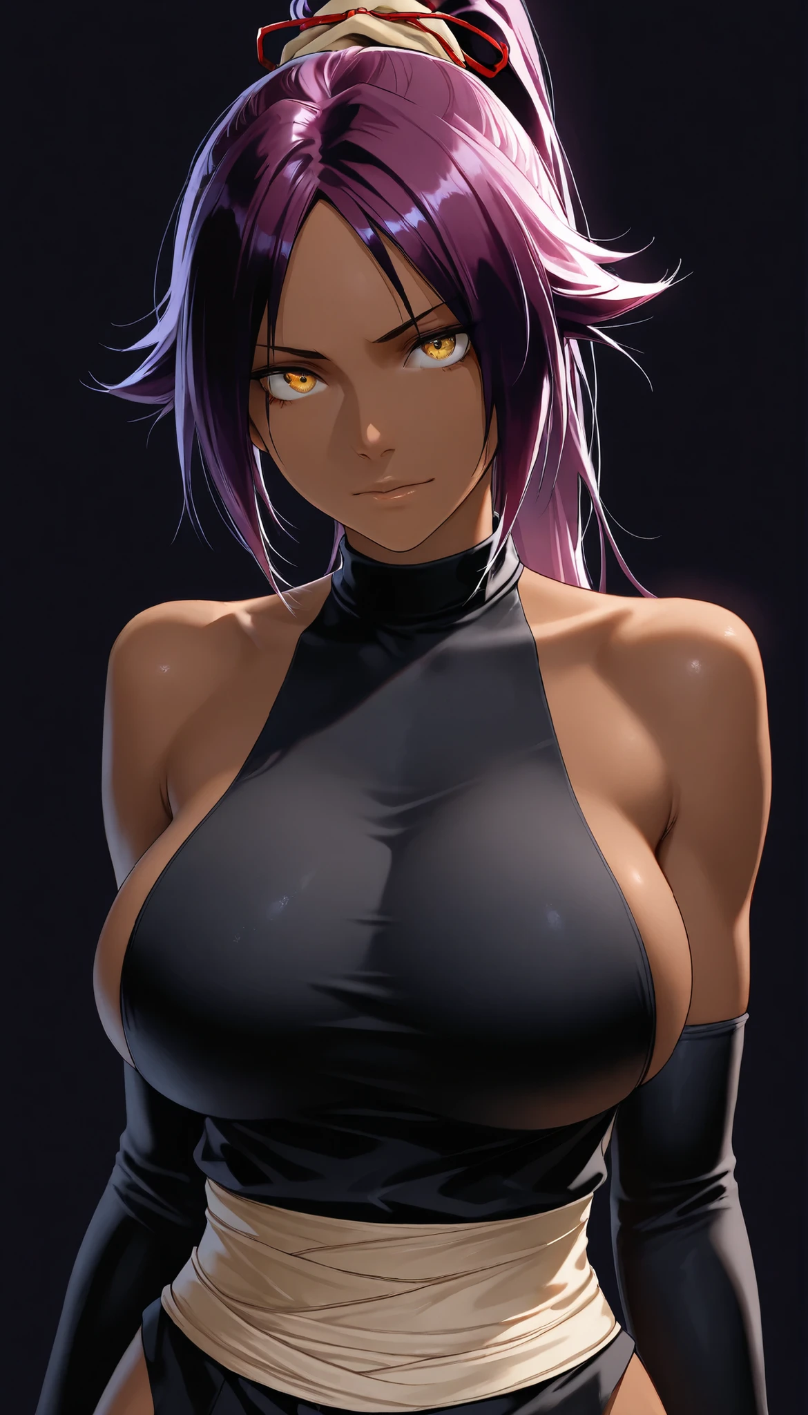 masterpiece, top quality, vibrant, Very Aesthetic, High Contrast , Semi-realistic,Yoruichi Shihouin, 1 girl, solo, purple hair, ponytail, big breasts, simple background, golden eyes,