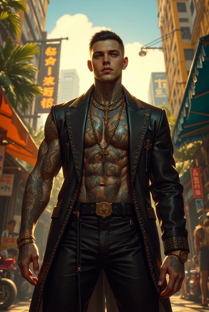 Cyberpunk cityscape、Dressed in futuristic clothing、A mafia man with red hair and futuristic sunglasses is looking at me。He has many tribal tattoos on his body.
