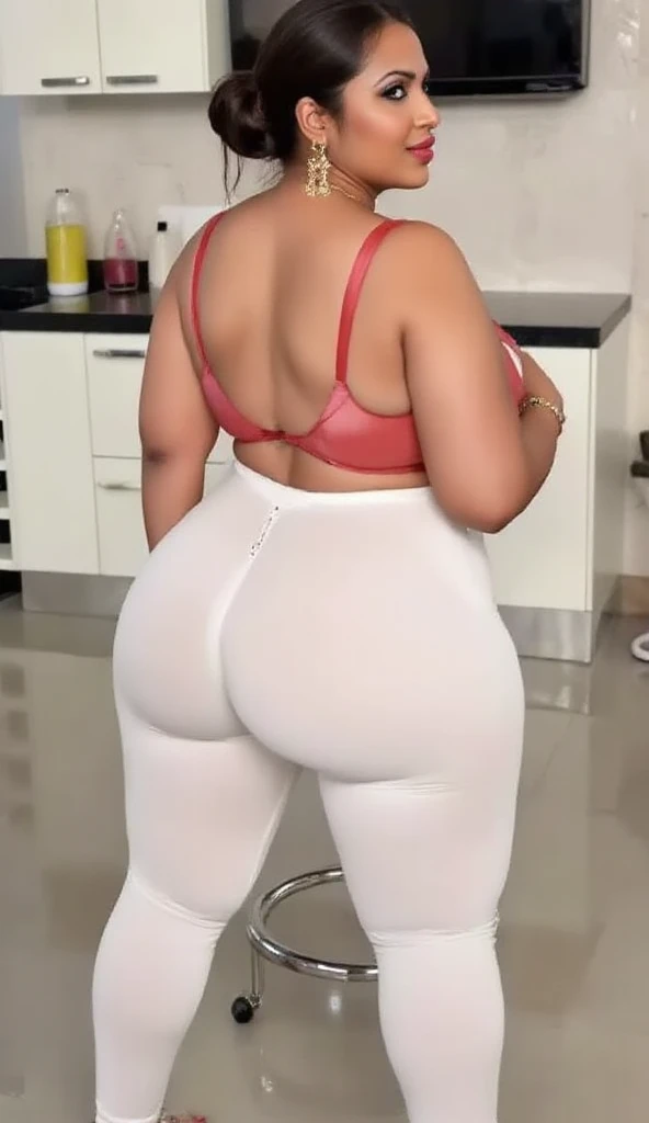 On roof, Curvy bhabhi (sitting down bending forward), (full body view from back), wearing a wet see through sheer shorts, hijab, between thighs arched back, sticking out buttocks, high heels, smiling,