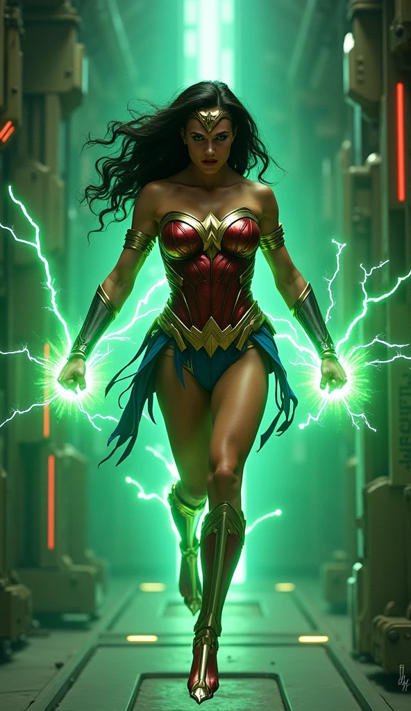 ((Extreme close-up of a beautiful woman flying over the skyscrapers with long black hair in a braid))),(((Wearing a cali green corset with red in the middle))),(((Green and red legis))),(((White boots and gloves))),(((Silver diaema with a red star on its forehead))),(((Large Green Lantern emblem on his chest))),(((Long silver-colored metal bracelets))),(((Green magic around his entire body)))