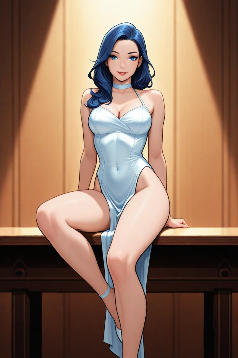 very young slim fit girl, full height, rounded face, (blue hair:1.4), long straight hair, (big blue eyes:1.3), shy smile, perfect small breast, look at you, (clean scene:1.4), accurate small nose, nipples trough clothes, no pantie, break red dress, satin, sparkling, side slit, night, holds hands behind back, red dress, bottom view, samantha