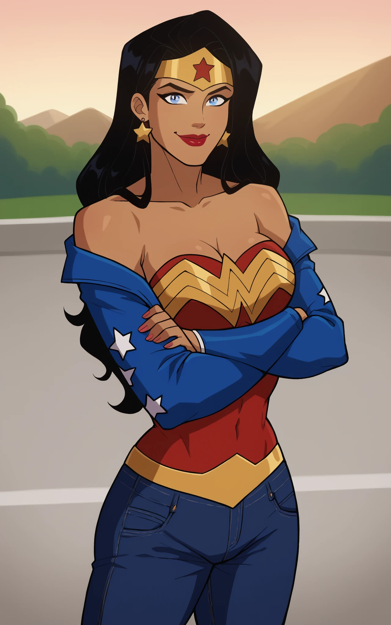 score_9,score_8_up,score_7_up BREAK wonderAP,1girl, solo, long hair, blue eyes, black hair, bare shoulders, jewelry, earrings, dark skin, blue crop top, black jeans, blue leather jacket, long sleeves, smiling, closed mouth, standing, happy expression, star print, superhero, bedroom, large breasts, cleavage, curvy, athletic, looking at viewer, dark red lipstick, arms crossed, crossed arms 