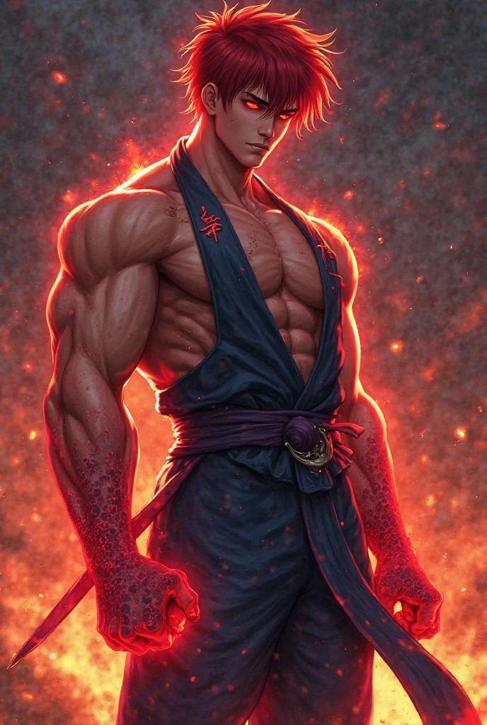 Shirtless black and red haired muscular warrior