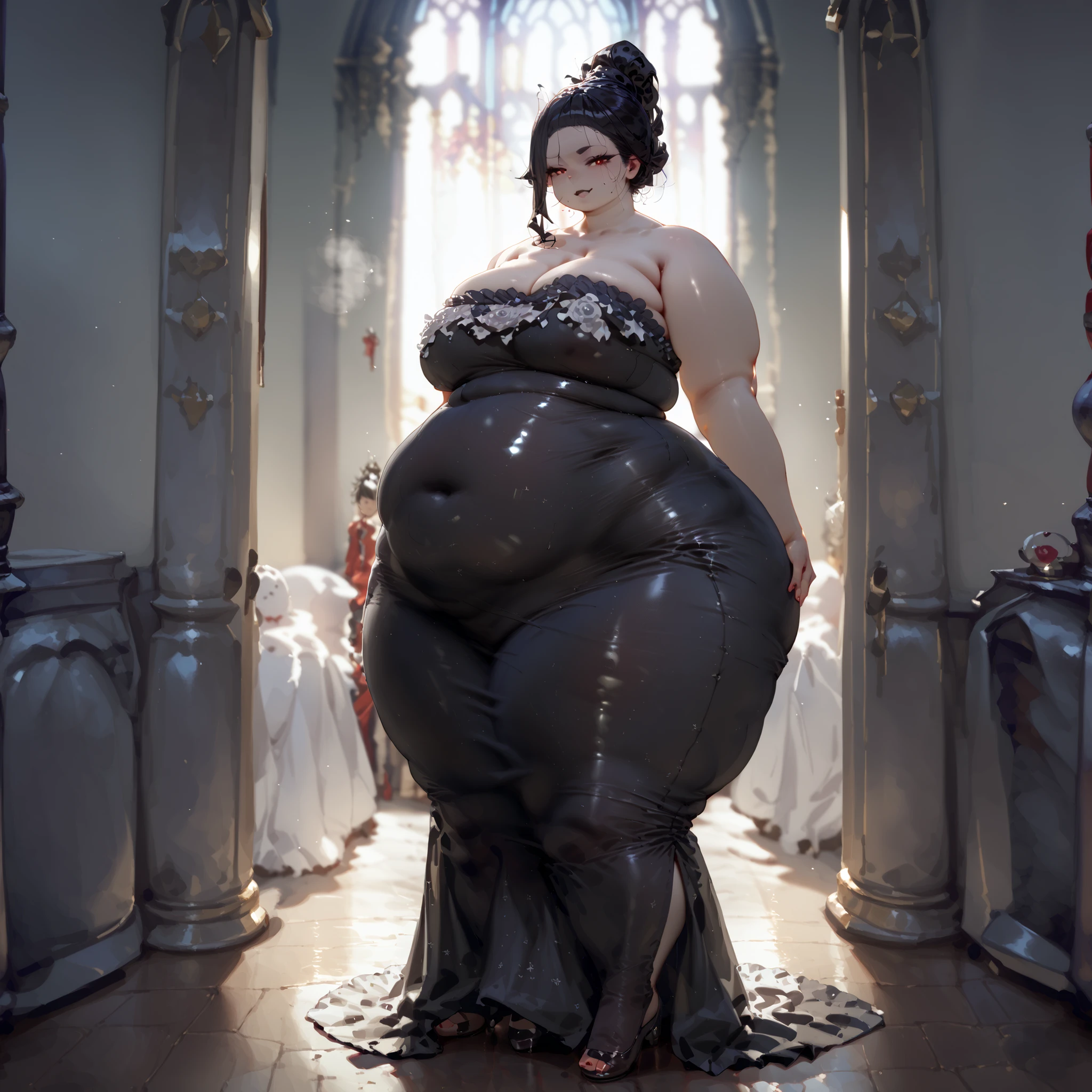 single female, high quality, vampire queen, mature, beautiful model face, red eyes, black hair, hair up, sleek face, tall, taller body, long legs, voluptuous fatty figure, big fat belly, thick wide love handles, massive fat ass, gained lots of weight, even fatter and more obese, body is wider and softer, breasts aren't large, chest is flatter, smaller breasts, gained even more weight, wider hips, hips are really girthy, even fatter, big sloshing round belly, high quality lighting, meek, even bigger and more obese, even fatter and gained more weight, big soft belly, wearing tight flowing long black dress, dress is long and covers legs, standing, gothic castle, bigger belly and thighs, zoomed out view, breasts are smaller, more side fat around her belly, more obese and fat, holding big fat tummy, gained more weight, really big belly bulging in dress,