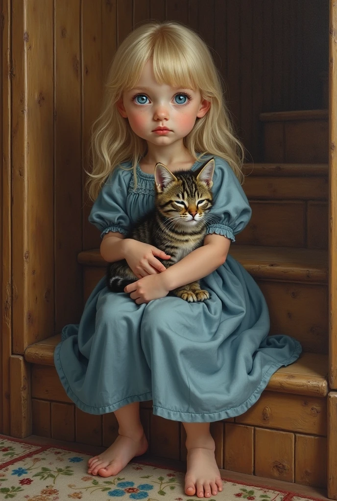 Victorian close-up painting with a fair-haired girl. A gray-brown cat is sitting in her arms, and next door, IN FRONT OF A GIRL, two pooches are sitting.
