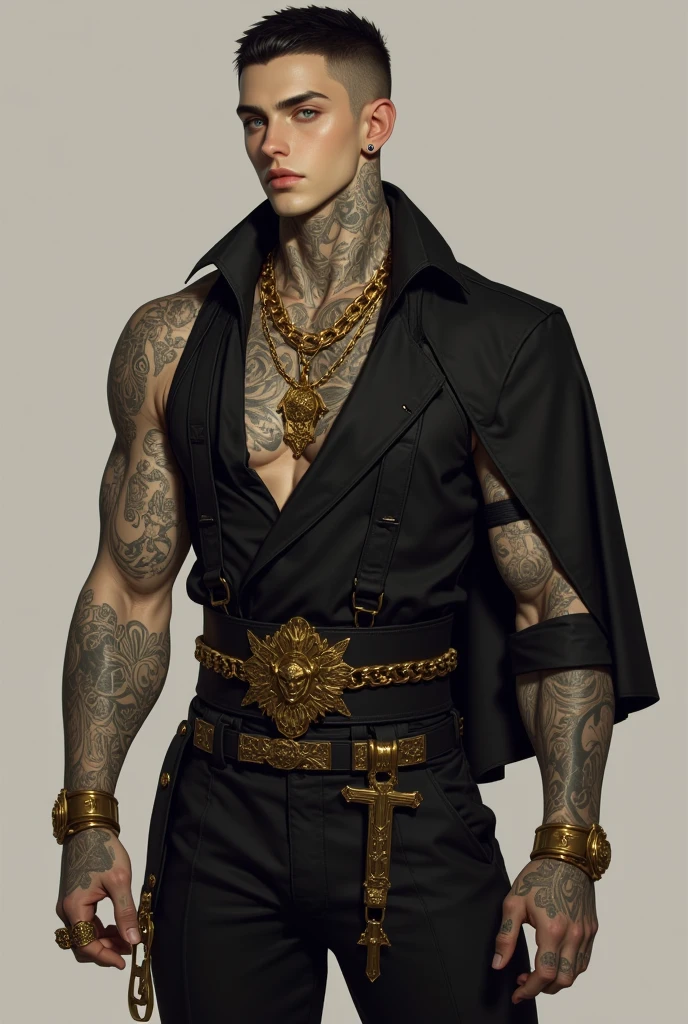 (masterpiece:1.2), (best quality), (ultra detailed), (8k, 4k, intricate),(full-body-shot:1), (highly detailed:1.2),(detailed background:1.2), facing the viewer, dynamic pose, mixed halfwhite black man in fantasy roguish outfit wear, high detail, 36 years old, buff, faded haircut , 8k, mystical, magical, ultra hd, realistic, vivid colors, He wears a white trenchcoat and is shirtless underneath. His trousers are pure white with a black cover over his right leg connected to one of his two belts. His shoes are a bright golden hue and large tattoos decorate a great deal of his body, including his back, chest, and forearms.
highly detailed, UHD drawing