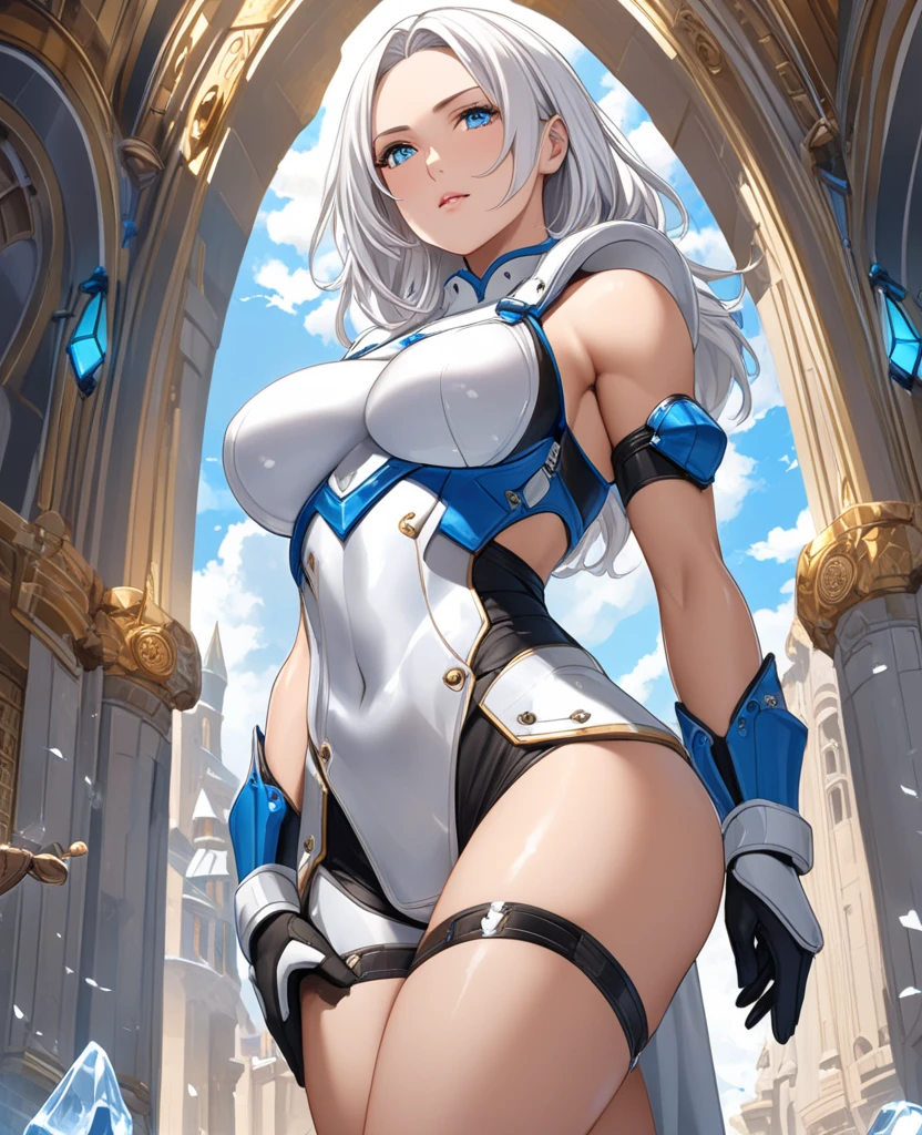 Official Art, Masterpiece, Sharp Focus, (Beautiful Gorgeous Cute Korean Woman:1.3), (Beautiful Cute Korean Woman:1.3), Korean Beauty, Delicate and Beautiful Hair and Eyes and Face, Realistic, Ultra Detailed, Beautiful Girl, Blue Sky, (Side Light:1.2), Sunshine, Fine Clouds, Slender, Pretty Breasts and Big Buttocks, Showing Teeth and Laughing, ((Laughing with Eyes, Open Both Eyes)), View, long straight hair, sexy look, building, (cityscape: 1.7), dynamic hair, long straight hair, detailed platinum, shining blue eyes, white skin, magnificent landscape blue leather pants, blue-black leather pants, silver zipper, belt below the waist,super fine illustration,blond hair , showing forehead, silver center zipper, leather blue black bodysuit, sleevelesblue blacks, shiny, blonde ponytail