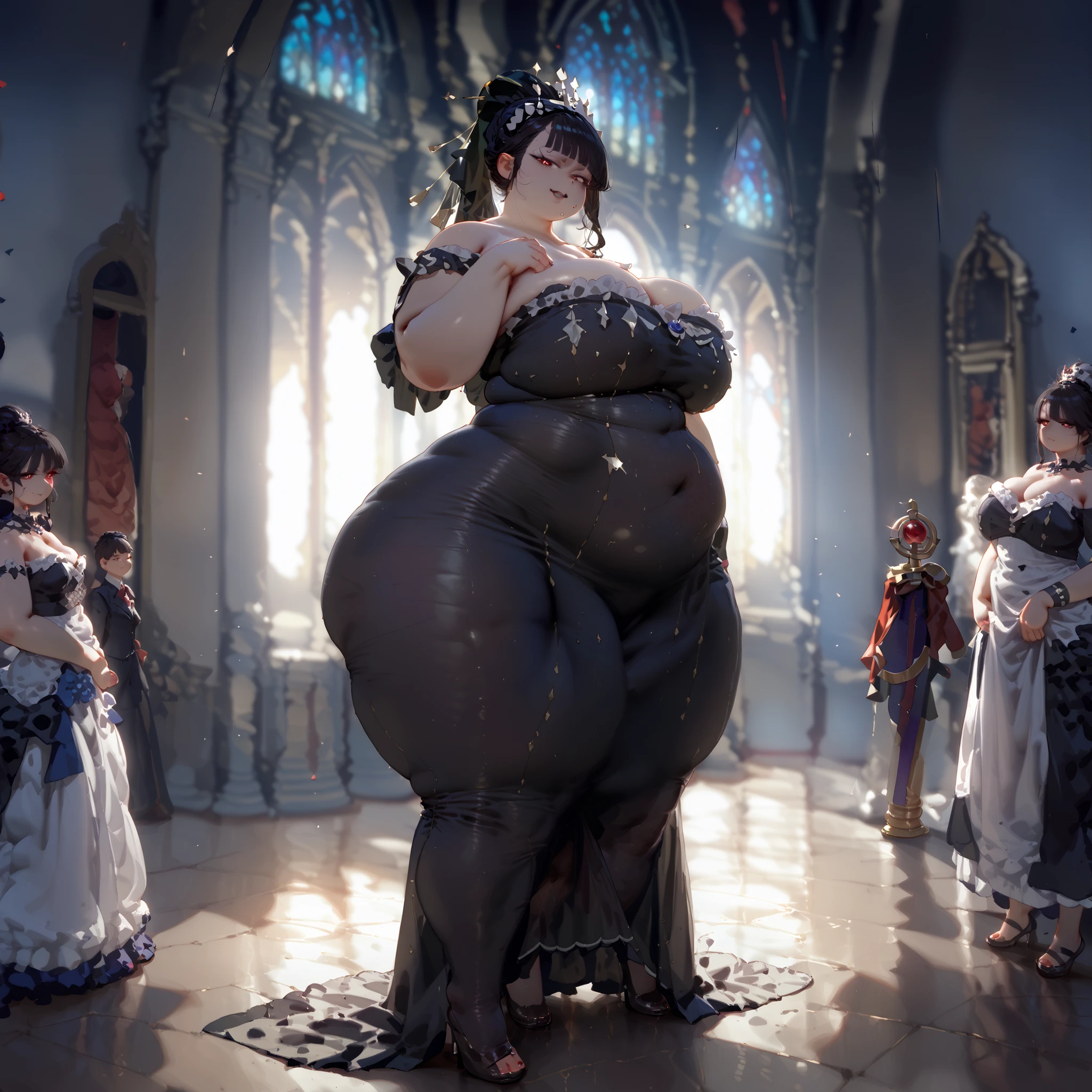 single female, high quality, vampire queen, mature, beautiful model face, red eyes, black hair, hair up, sleek face, tall, taller body, long legs, voluptuous fatty figure, big fat belly, thick wide love handles, massive fat ass, gained lots of weight, even fatter and more obese, body is wider and softer, breasts aren't large, chest is flatter, smaller breasts, gained even more weight, wider hips, hips are really girthy, even fatter, big sloshing round belly, high quality lighting, meek, even bigger and more obese, even fatter and gained more weight, big soft belly, wearing tight flowing long black dress, dress is long and covers legs, standing, gothic castle, bigger belly, zoomed out view, breasts are smaller, more side fat around her belly, more obese and fat, holding big fat tummy, gained more weight, really big belly bulging in dress, holding sword, ready to swordfight