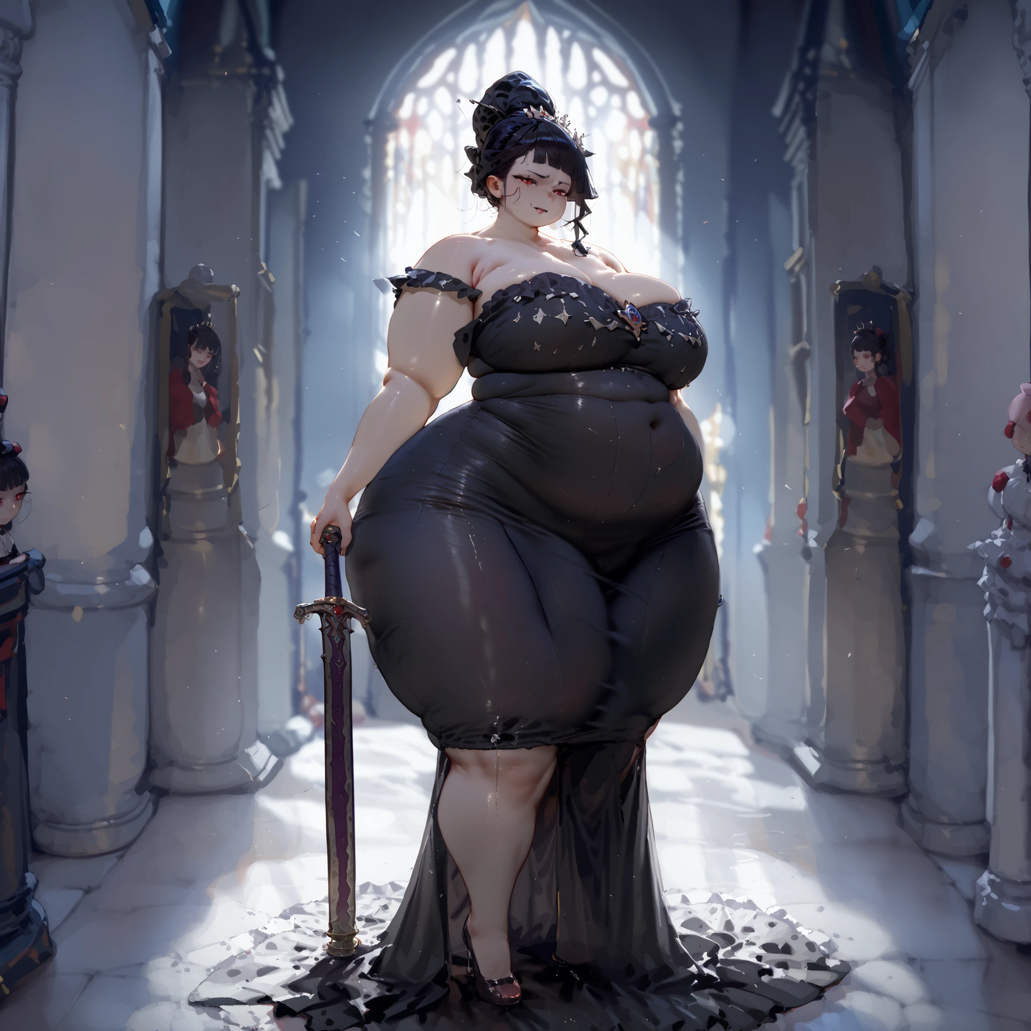 single female, high quality, vampire queen, mature, beautiful model face, red eyes, black hair, hair up, sleek face, tall, taller body, long legs, voluptuous fatty figure, big fat belly, thick wide love handles, massive fat ass, gained lots of weight, even fatter and more obese, body is wider and softer, breasts aren't large, chest is flatter, smaller breasts, gained even more weight, wider hips, hips are really girthy, even fatter, big sloshing round belly, high quality lighting, meek, even bigger and more obese, even fatter and gained more weight, big soft belly, wearing tight flowing long black dress, dress is long and covers legs, standing, gothic castle, bigger belly, zoomed out view, breasts are smaller, more side fat around her belly, more obese and fat, holding big fat tummy, gained more weight, really big belly bulging in dress, holding sword, ready to swordfight
