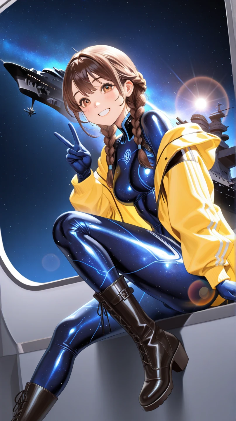 masterpiece、best quality、high resolution 、newest、
brown hair 、braids、happy eyes、smile、
HD Skins 、 Cosmic Space、Take a commemorative photo on a large space battleship,Night Sky、
cute girl、It represents a peace sign、
 oblique view 、blue metallic bodysuit、yellow short jacket,
BLACK LONG BOOTS、lens flare on the back、