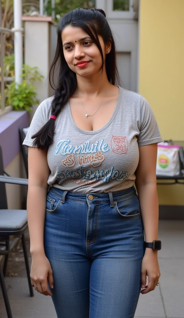 Create an modern Indian-nigerian-japanese oval face resemblence, a model who is 32 years old with little curvy figure, dark indian skin, indian hair style, front facing standing pose, not so wide hips, wearing skinny jean and tshirt, hyper realistic
