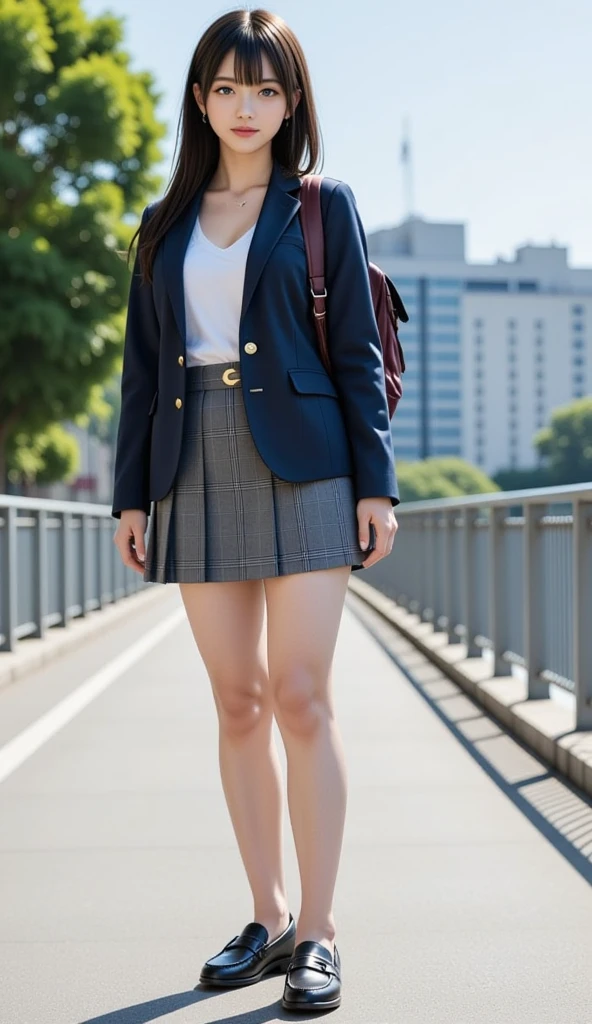 Great quality、8k、flying debris、(RAW Photos:1.4)、High resolution、((Composition away from the subject))、((Full body photo from face to ankles))、((Perfect Anatomy))、1 female 14 years old、Small stature、Detailed skin、Glowing Skin、Baby Face、double eyelid、eyes with long eyelashes、Small face、smile、Open your mouth、ponytail、Staring out the window in the school hallway、Stretch your back、The windows provide natural light、Realistic school scenery、middle School girl、Blue and grey school bag on shoulder、Slender and delicate body、Small breasts、A blazer uniform with green lines、girl 、Check skirt、healthy、young woman、black tights、black tights、White sneakers、Full Body Shot、Beautiful Hairstyles、Accentuates very slim legs
