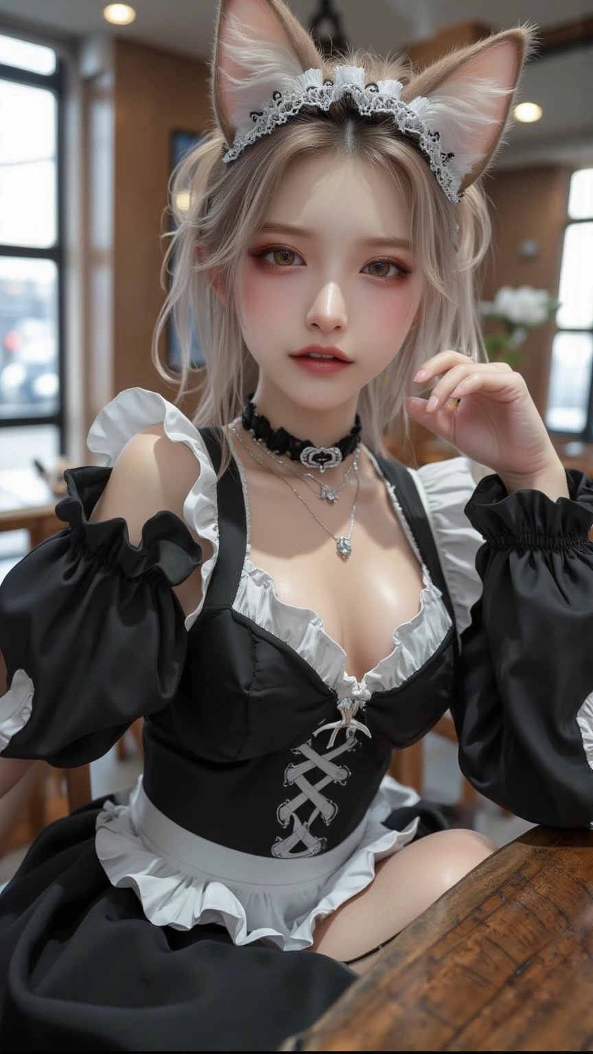(A hyper-realistic), (illustratio), (hight resolution), (8K), (ighly detailed), (The best illustrations), (beatiful detailed eyes), (top-quality), (Ultra-detail), (masterpiece), (wall-paper), (Detailed face), ukrainian girl, beautiful detailed eyes, beautiful detailed lips, extremely detailed face, blue eyes, black wavy hair, bangs, maiden costume, maid, big breasts revealing her cleavage, white stocking, standing in the midlle of fairy florest, golden hour, cute pose, full body portrait, close-up full body