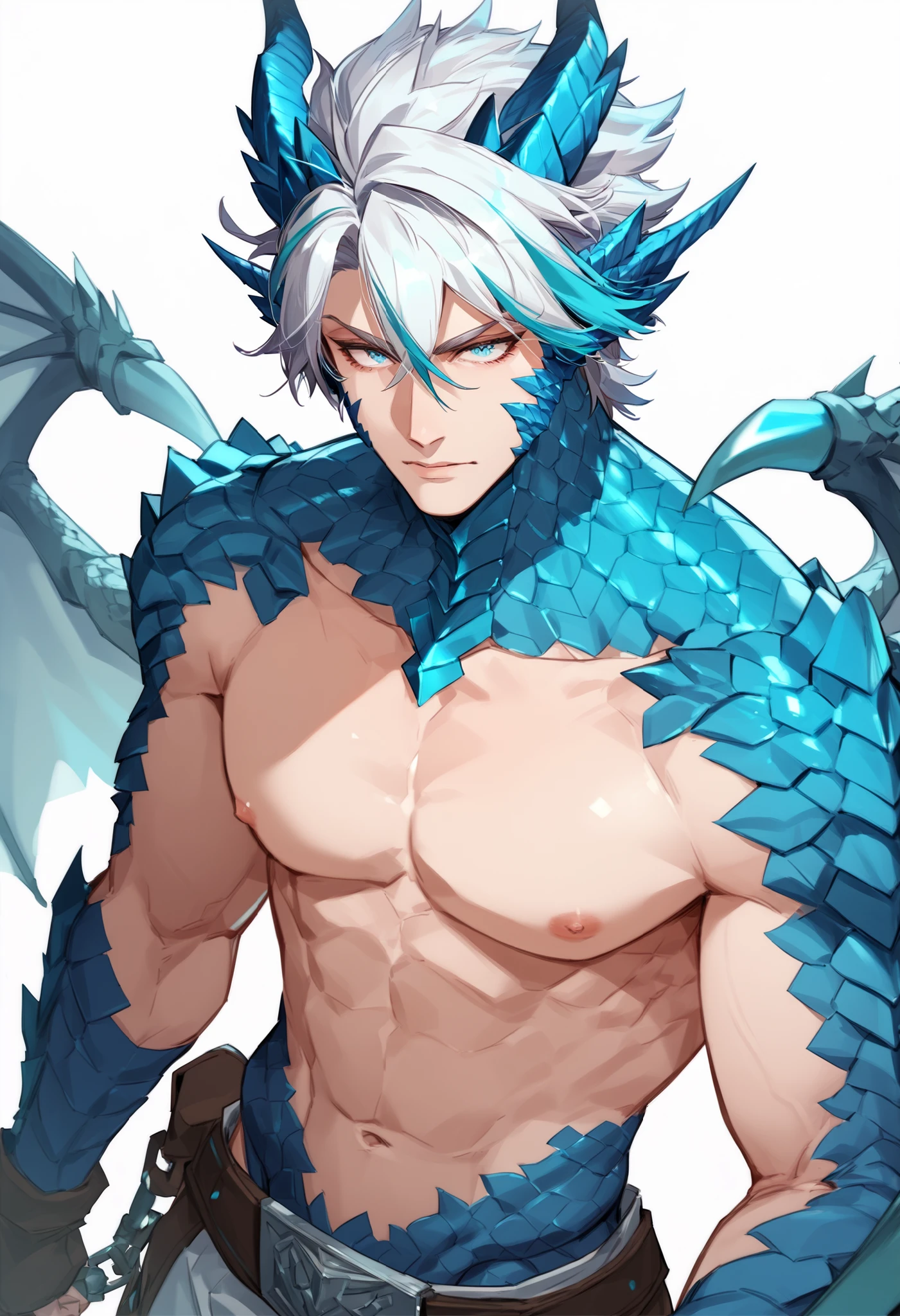 1boy, multicolored hair (blue, white streaked hair), looking at viewer, keen eyes, blue eyes, hair between eyes, dragon_hybrid, scales, wings, simple background, male curvy body, muscular, modern clotches, cowboy shot angle, sexy,