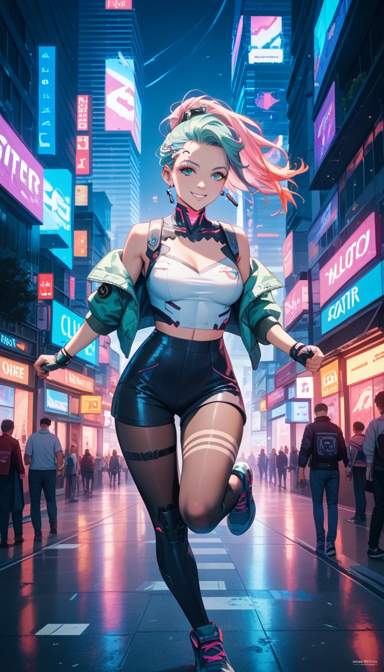 soft_light, (Sexy aesthetic tanned Polynesian|Asian woman, 1girl:1.2, thicc hourglass figure, perfect eyeliner:1.2), (masterpiece:1.4, best quality), medium breasts, unity 8k wallpaper, ultra detailed, (crowded cyberpunk plaza background, wearing gym shorts and colorful tank top:1.3), alluring pose, upper body, ass, beautiful and aesthetic, detailed, solo