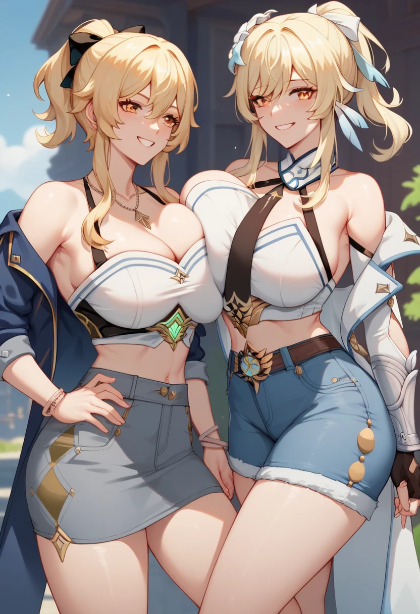 unparalleled masterpiece, ultra realistic 8k CG, perfect artwork, (1girl:1.1) , solo, ((perfect female figure)), (nsfw), looking at viewer, mature female, bimbo (android 18) standing, (teasing), best quality:1.1 , seductive posture, sexy pose, alluring, (beautiful), (curvy), (thick), blonde hair, (blue eyes:1.2), short hair, earrings, jewelry, denim vest, open vest, black pantyhose, black shirt, denim skirt, striped long sleeves, blue skirt, toned legs, fit, (abs:1.1), (big butt:1.4), peach ass, (athletic body:1.2), (large breasts:1.3, (big_breasts:1.1), wide_hips:1.5, narrow waist, small waist:1.5, slender body:1.2, thick thighs:1.3), (shiny skin:1.2), (hdr), (street:1.2), Nikon D850 film stock photograph Kodak Portra 400 camera f1.6 lens, rich colors, lifelike texture, dramatic lighting, unreal engine, trending on ArtStation, by Gerald Brom, by Frank Frazetta, by Luis Royo, by Julie Bell, by Boris Vallejo