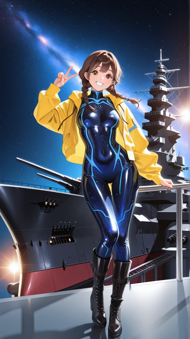 masterpiece、best quality、high resolution 、newest、
brown hair 、braids、happy eyes、smile、
HD Skins 、 Cosmic Space、Take a commemorative photo on a large space battleship,Night Sky、
cute girl、It represents a peace sign、
 oblique view 、blue metallic bodysuit、yellow short jacket,
BLACK LONG BOOTS、lens flare on the back、