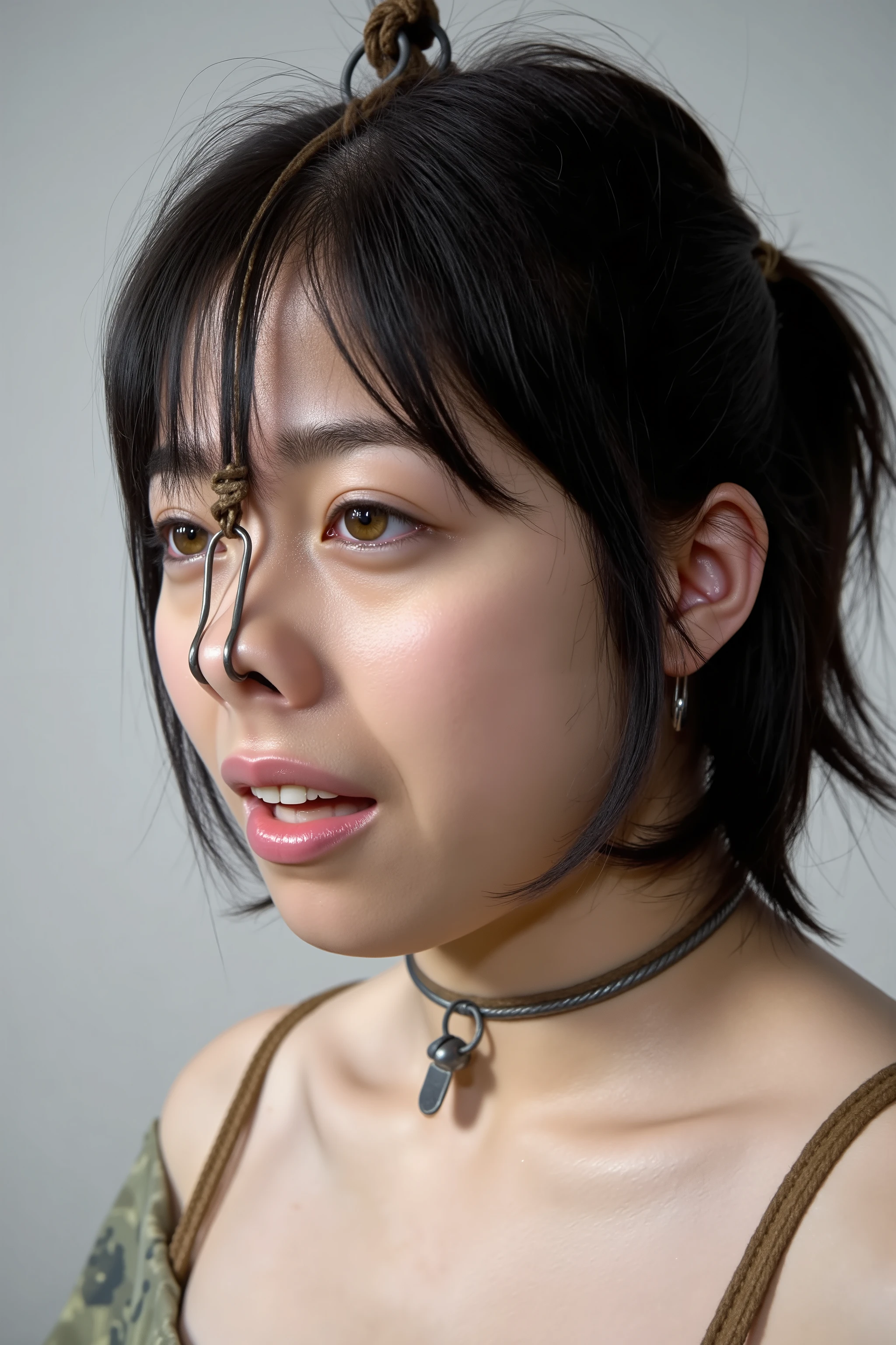 A high resolution photograph of a Japanese adult woman, masterpiece, photo-realistic, natural lighting, film grain, portrait, fashion shoot, solo, 1girl, off-shoulder dress, black hair with bangs, detailed face, detailed eyes, sophisticated nose, pale skin, fine-textured skin, full smile, dimple on cheek, (pet-collar with tag, nose hook with chain wrapped around top of her head, nose hook makes her nose look like a pig snout, hooking in her nostrils:1.5), (profile, side view, view from below, facing up, chin-up, face focus:1.4), close-up of face, simple background,,