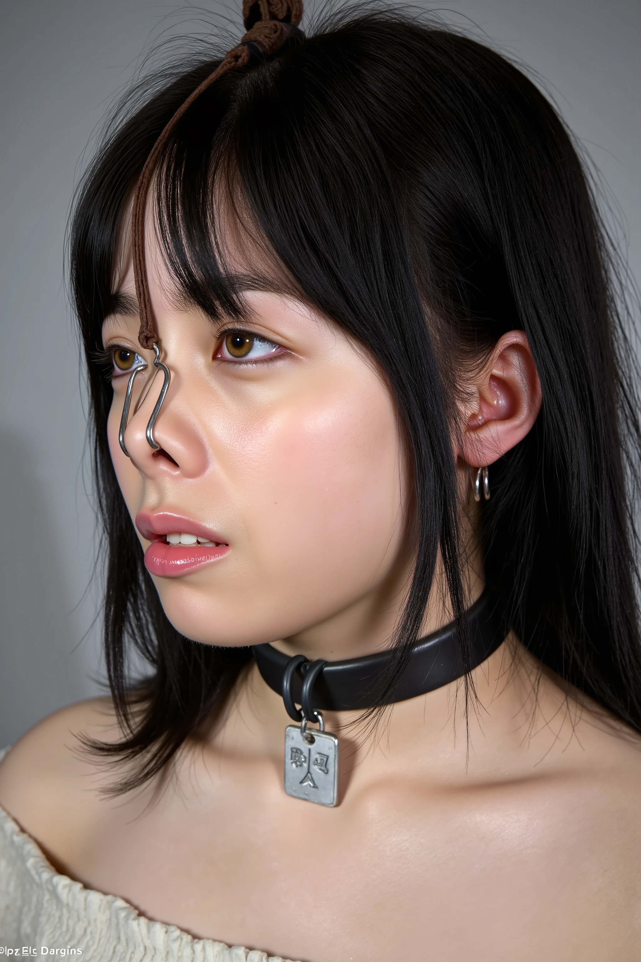 A high resolution photograph of a Japanese adult woman, masterpiece, photo-realistic, natural lighting, film grain, portrait, fashion shoot, solo, 1girl, off-shoulder dress, black hair with bangs, detailed face, detailed eyes, sophisticated nose, pale skin, fine-textured skin, full smile, dimple on cheek, (pet-collar with tag, nose hook with chain wrapped around top of her head, nose hook makes her nose look like a pig snout, hooking in her nostrils:1.5), (profile, side view, view from below, facing up, chin-up, face focus:1.4), close-up of face, simple background,,