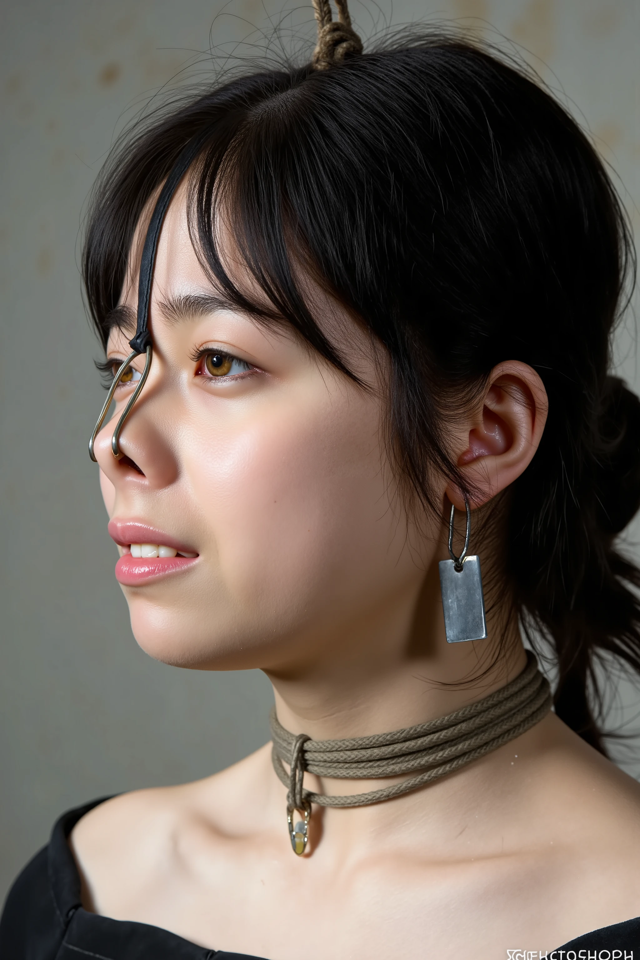 A high resolution photograph of a Japanese adult woman, masterpiece, photo-realistic, natural lighting, film grain, portrait, fashion shoot, solo, 1girl, off-shoulder dress, black hair with bangs, detailed face, detailed eyes, sophisticated nose, pale skin, fine-textured skin, full smile, dimple on cheek, (pet-collar with tag, nose hook with chain wrapped around top of her head, nose hook makes her nose look like a pig snout, hooking in her nostrils:1.5), (profile, side view, view from below, facing up, chin-up, face focus:1.4), close-up of face, simple background,,