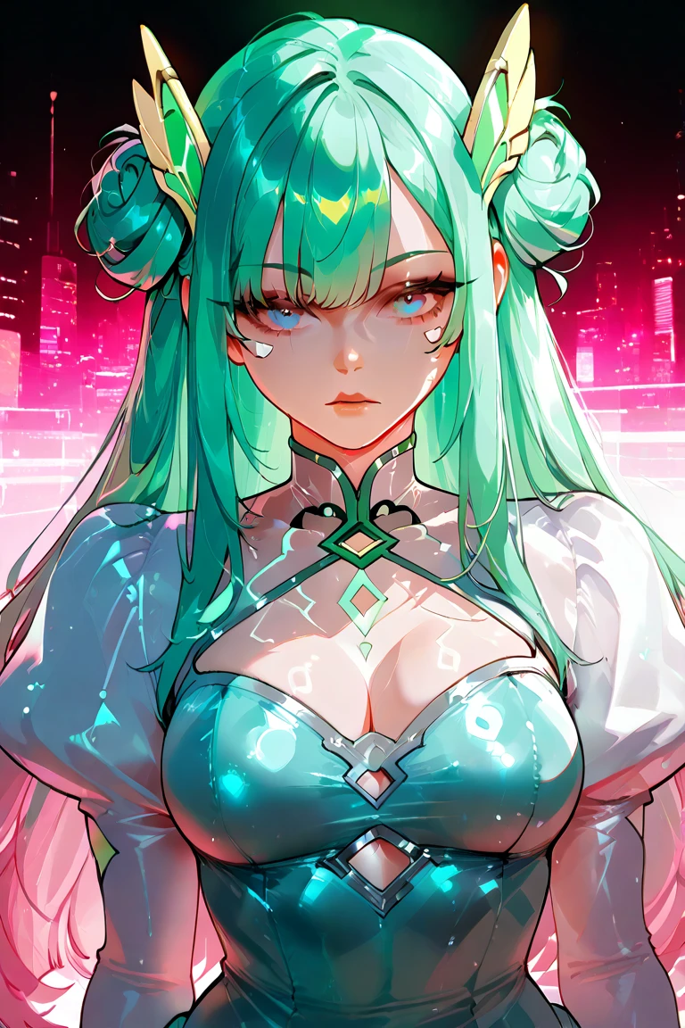 (Important Notice:1.6), 1 Girl, (Black Bandaged Eye Patch:1.7), (Covered Eyes1.7), (Beautiful Gorgeous Cute Korean Woman:1.3), (Beautiful Cute Korean Woman:1.3), Korean Beauty, Delicate Beautiful Hair and Eyes and Face, Realistic, Ultra Detailed, Beautiful Girl, Glow White Particles, (Side Light:1.2), Hanging, Huge: 1.2, cleavage cutout, ((Chest curtain:1.7)),((Cover breast)), (Wet breast:1.2), (Moist, (Areola slip:1.2), Big waist, White dress, Long hair, Thighs, Necklace, Hair between eyes,, Solo, Waist Metal Accessory, Bare Shoulders, Jewelry, White dress, Upper body, Church, (Shiny skin:1),(Masterpiece:1.4), (Best Quality:1.4), sexy, standing,, mint green hair, glowing blue eyes