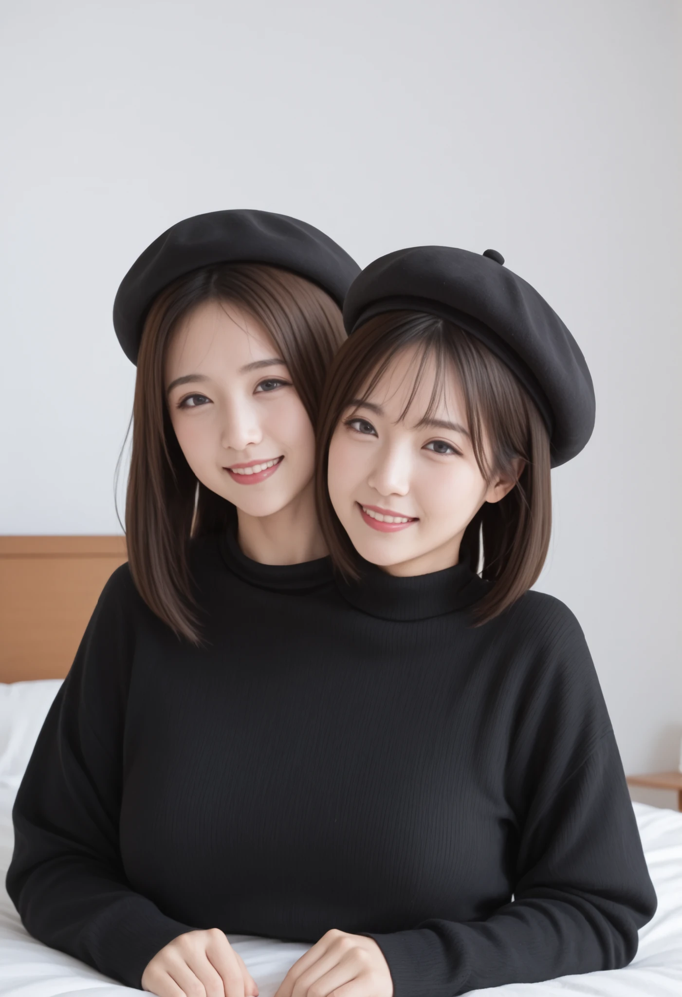 best resolution, different emotions ,sad woman with blonde hair, happy woman with black hair, 2japanese women with two heads conjoined, different faceshapes, round chin, sharp chin, bending over forwards, different hair lengths, short hair, long hair, forehead, bare shoulders, hair no fringe, fluffy beret, ,oversized baggy sweater, no pants, sitting on bed,
