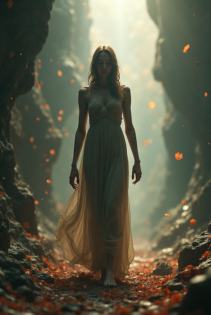 A beautiful woman, waering a short sleeveed red dress, jumping into a pit of lava, underground 