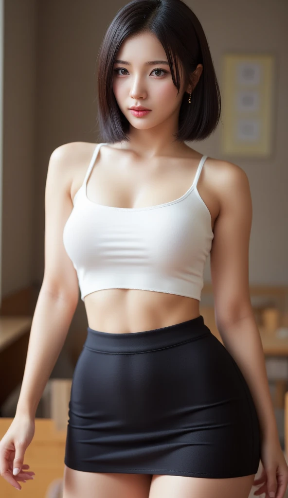 (16k, ultra high res, best quality, high quality, masterpiece:1.3), (a professional photo of girl), RAW photo, realistic illustration, (ultra detailed eyes and face), (ultra detailed beautiful skin),(Photos above the ankle:1.4), BREAK, solo photo, 1girl, standing, 25yo, beautiful, Petite facial features, Super Detail Beautiful Natural Skin, natural makeup, closed mouth, (brown hair), short hair, asymmetrical bangs, evil smile, narrow waist, slender, (wide hips:1.2), araffe woman in a white top and tight black bike shorts, photorealistic perfect body, beautiful japanese woman, standing, gorgeous young japanese woman, perfect body, wearing loose shirt, tight bike shorts, beautiful asian girl, attractive body, gorgeous model, realistic shaded perfect body, wearing simple clothes, loose T-shirt, low rise bike shorts, detailed abs, beautiful navel, cleavage, big breasts, she is very sexy, outdoor grass park,
